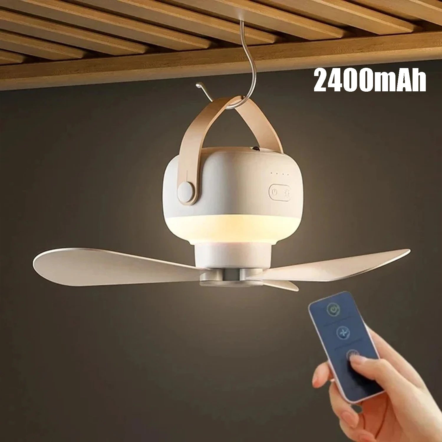 Outdoor Camping Ceiling Fan – 2400mAh Rechargeable Fan with LED Light