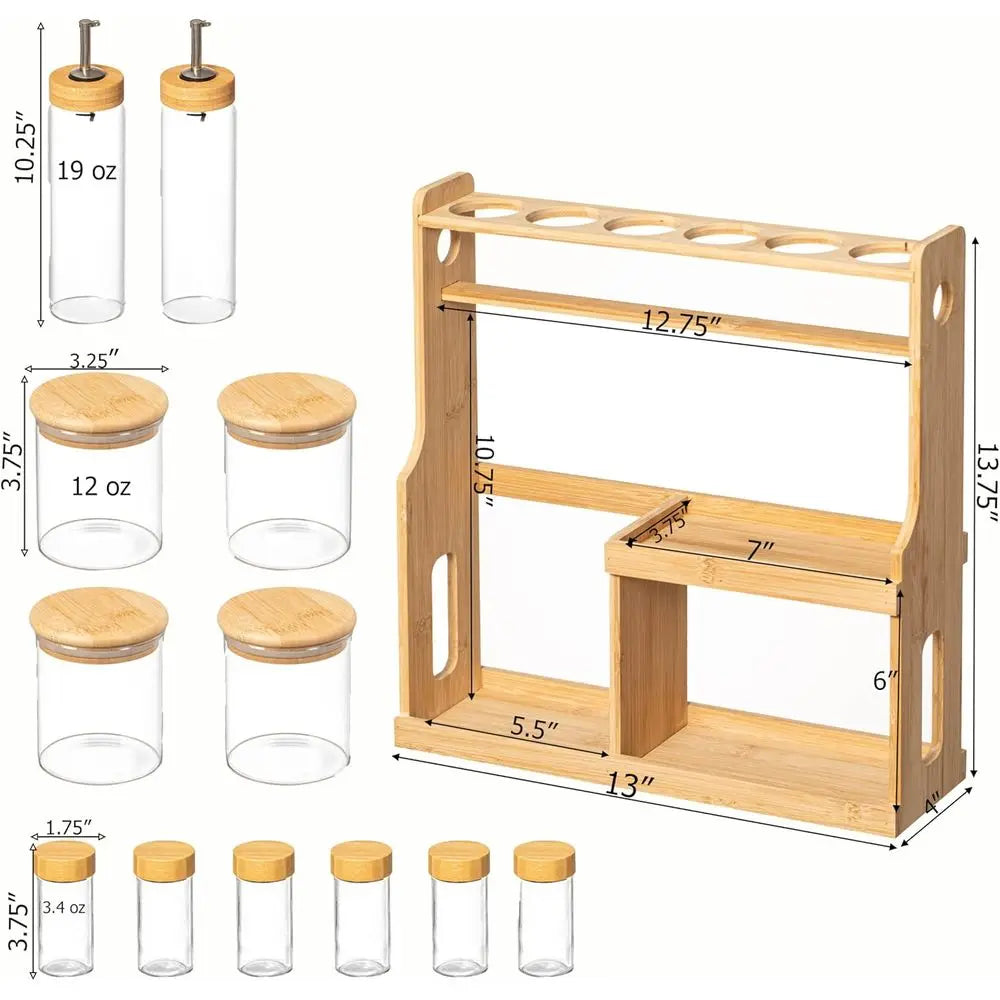 3-Tier Bamboo Spice Organizer – Shaker Bottles, Airtight Jars & Dispensers