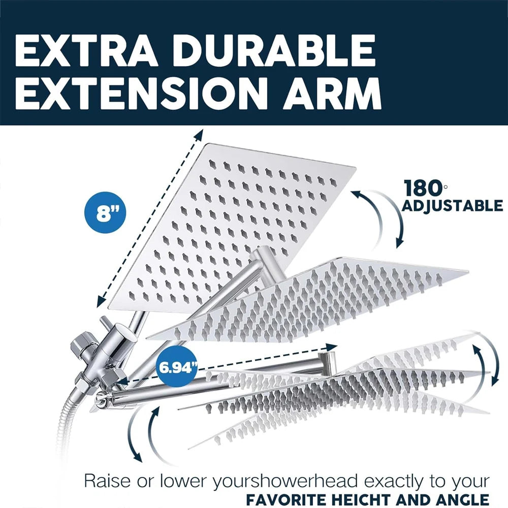 Luxury 8–12" Rain Shower Head Combo – High Pressure with Adjustable Extension Arm & 3-Way Handheld Spray