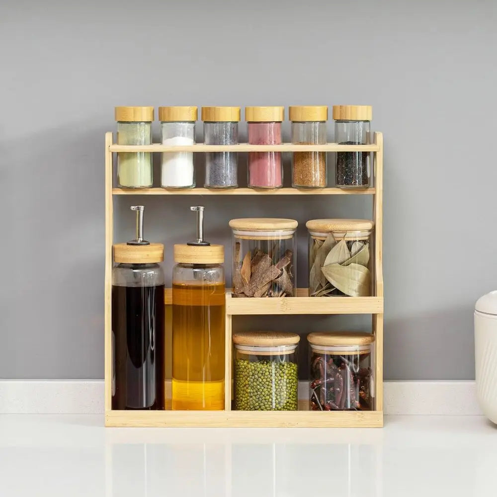 3-Tier Bamboo Spice Organizer – Shaker Bottles, Airtight Jars & Dispensers