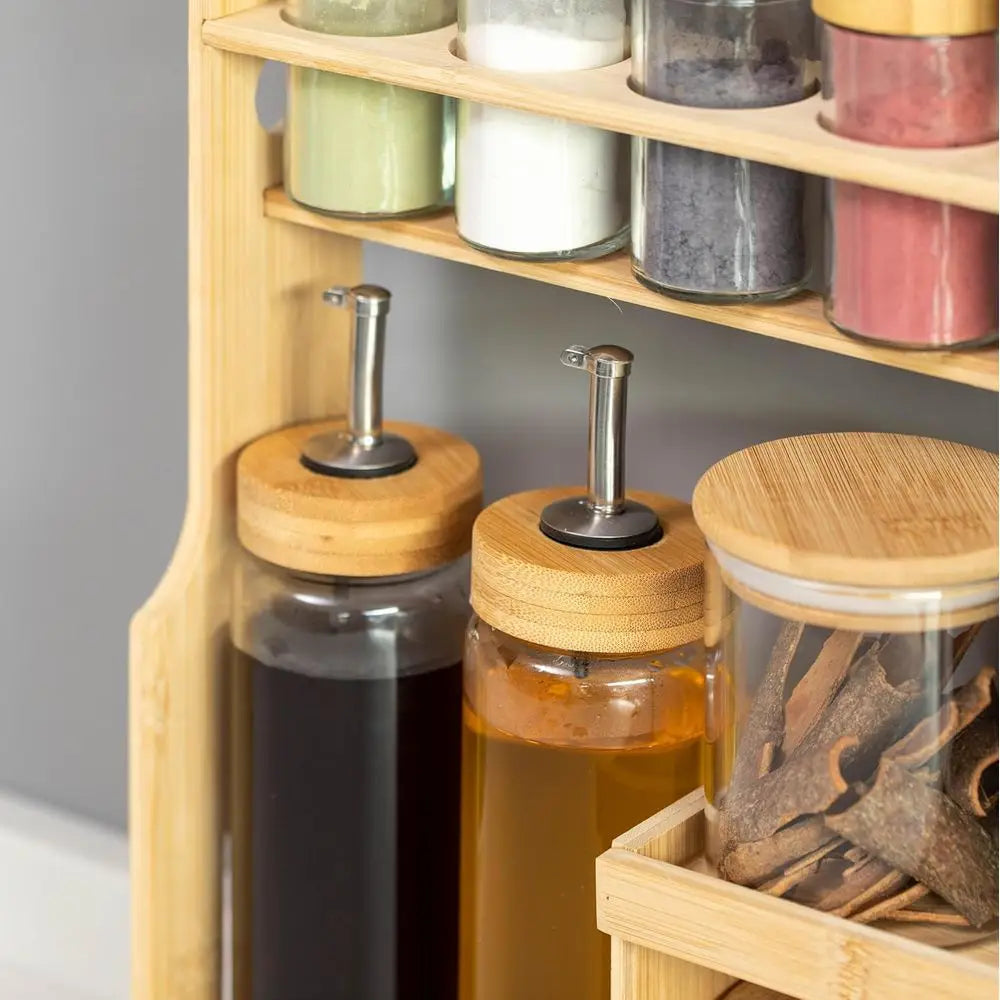 3-Tier Bamboo Spice Organizer – Shaker Bottles, Airtight Jars & Dispensers