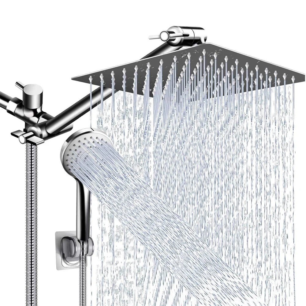 Luxury 8–12" Rain Shower Head Combo – High Pressure with Adjustable Extension Arm & 3-Way Handheld Spray