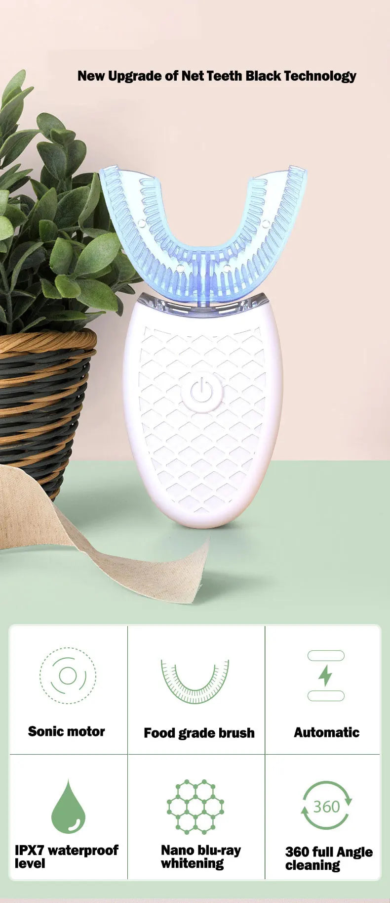 Smart 360° U-Type Electric Toothbrush – Sonic Cleaning, Soft Silicone Head, USB Rechargeable & Waterproof