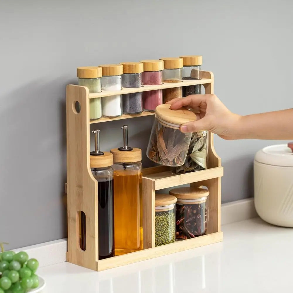 3-Tier Bamboo Spice Organizer – Shaker Bottles, Airtight Jars & Dispensers