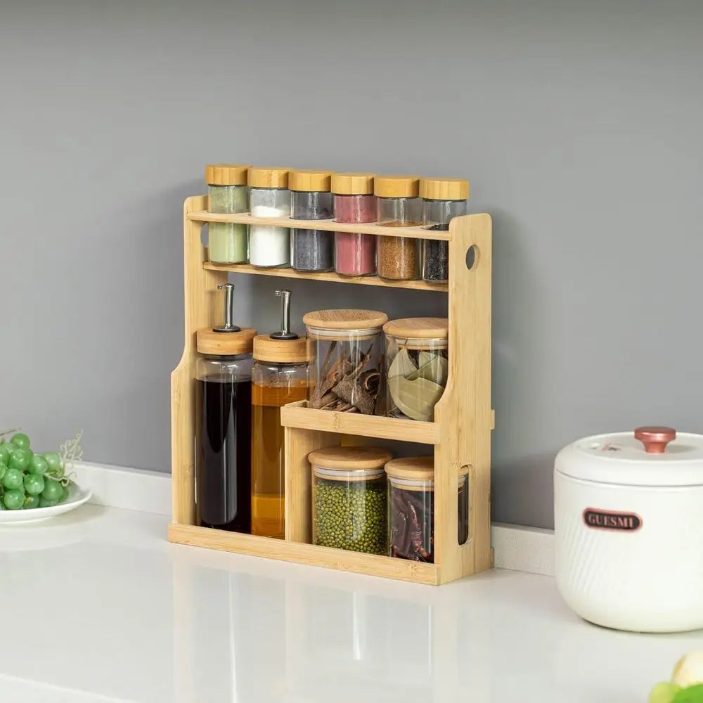 3-Tier Bamboo Spice Organizer – Shaker Bottles, Airtight Jars & Dispensers