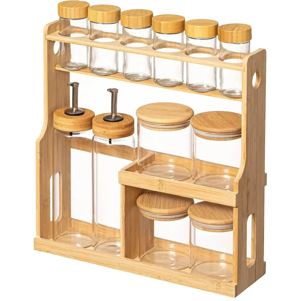3-Tier Bamboo Spice Organizer – Shaker Bottles, Airtight Jars & Dispensers