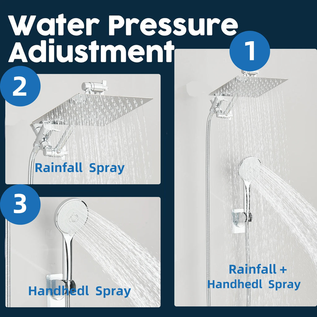 Luxury 8–12" Rain Shower Head Combo – High Pressure with Adjustable Extension Arm & 3-Way Handheld Spray
