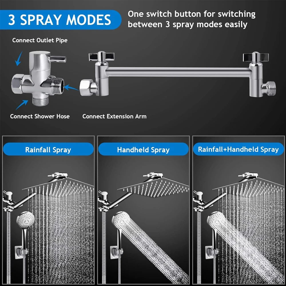 Luxury 8–12" Rain Shower Head Combo – High Pressure with Adjustable Extension Arm & 3-Way Handheld Spray