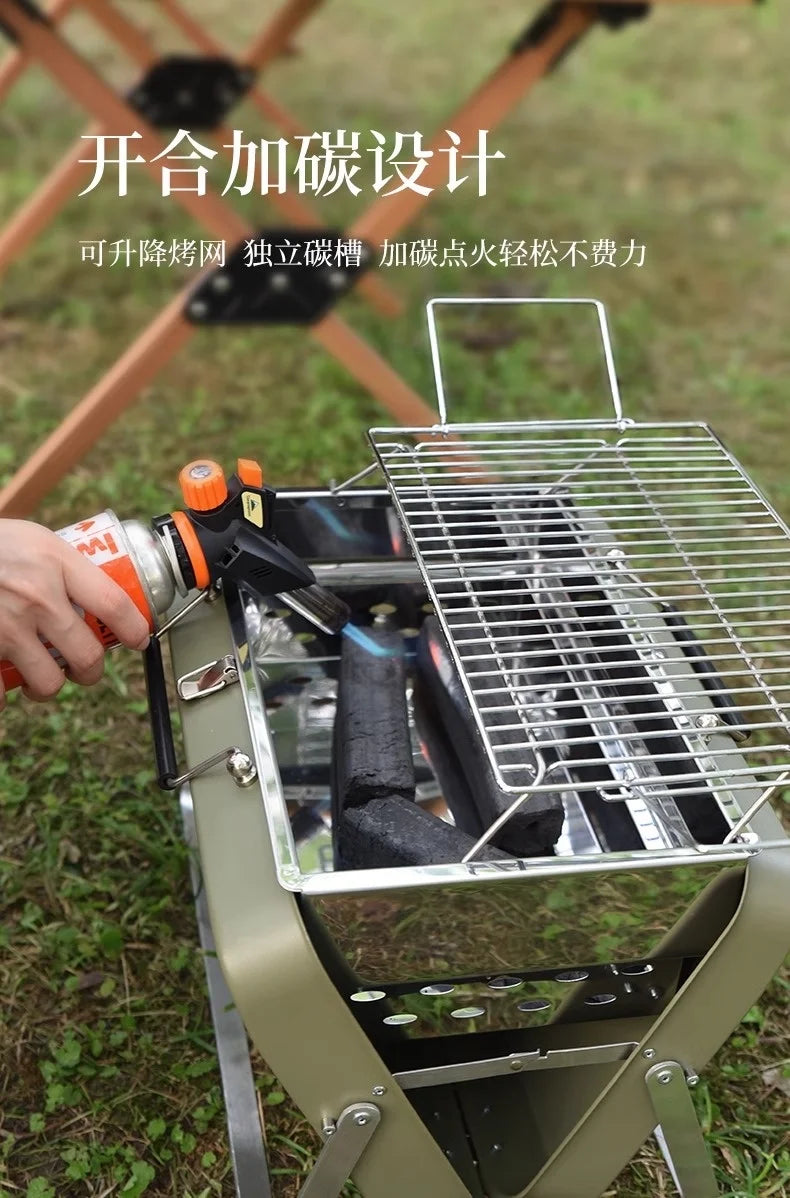 Portable Stainless Steel Camping Grill – Folding Charcoal BBQ Grill