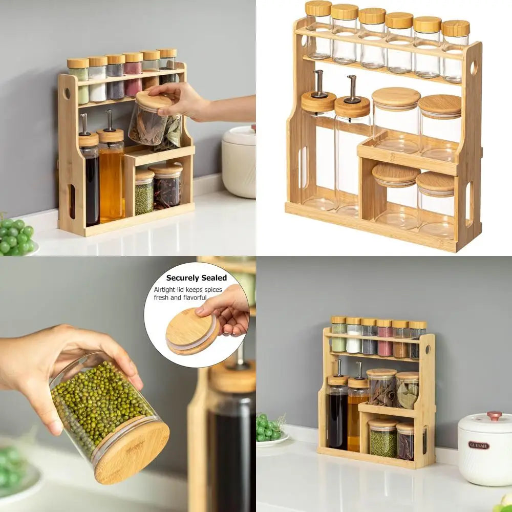 3-Tier Bamboo Spice Organizer – Shaker Bottles, Airtight Jars & Dispensers